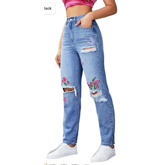 Floral Embroidery High-Rise Ripped Mom Fit Jeans Women's Size Medium - Picture 1 of 10